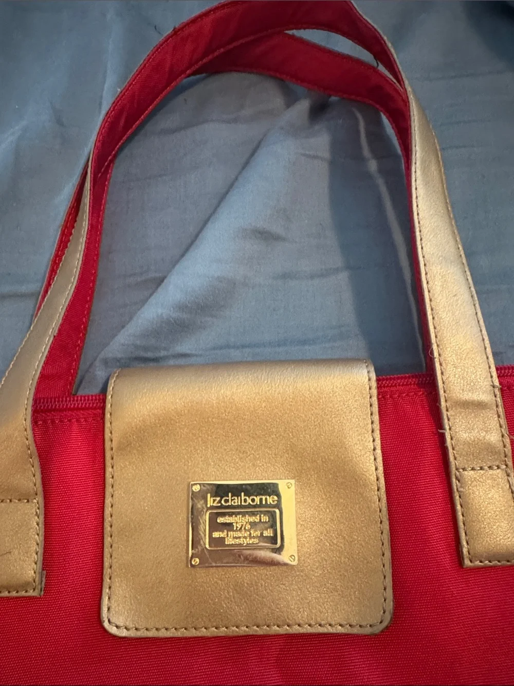 Liz Claiborne Red Nylon Tote with Gold Accents